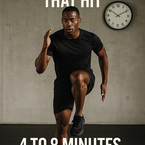 Może przedstawiać: Osoba w czarnym stroju sportowym w ruchu, z tekstem "MICRO WORKOUTS THAT HIT" u góry i "4 TO 8 MINUTES. FULL BURN." na dole. Zegar jest widoczny w tle.
