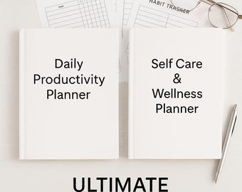 May include: A white planner bundle with the text "Daily Productivity Planner" and "Self Care & Wellness Planner." The image includes goal sheets, a habit tracker, a pen, glasses, and a small succulent.
