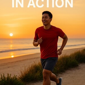 May include: A runner in action is captured in a photograph, wearing a red t-shirt and dark gray shorts, running on a sandy path near the beach. The text "RUNNER IN ACTION" is displayed in white at the top. The background features a sunset.