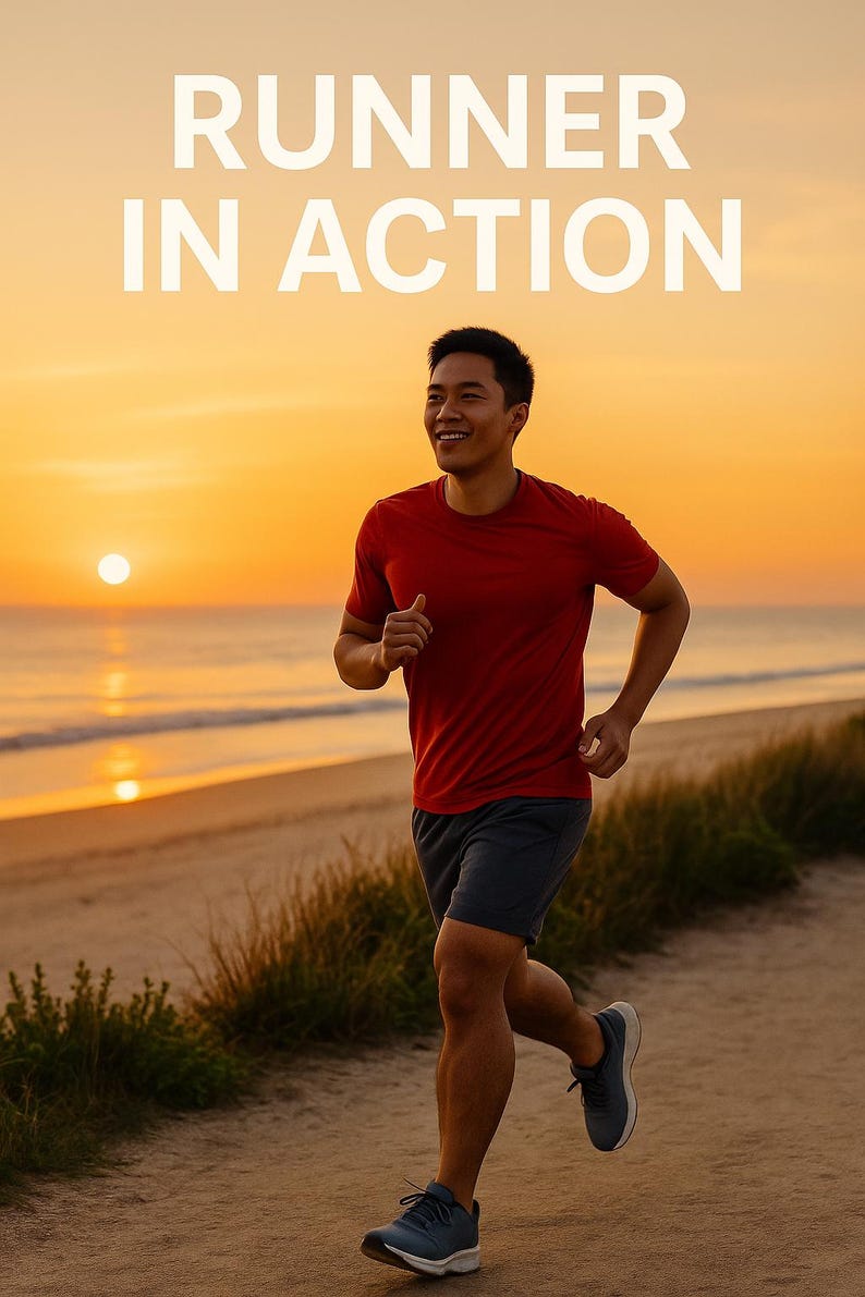 May include: A runner in action is captured in a photograph, wearing a red t-shirt and dark gray shorts, running on a sandy path near the beach. The text "RUNNER IN ACTION" is displayed in white at the top. The background features a sunset.