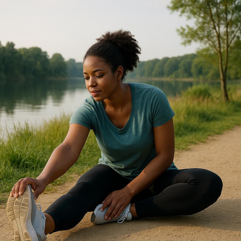 May include: A person wearing a teal short-sleeve shirt and black leggings stretches on a dirt path. The person is wearing gray athletic shoes. A lake and trees are in the background.