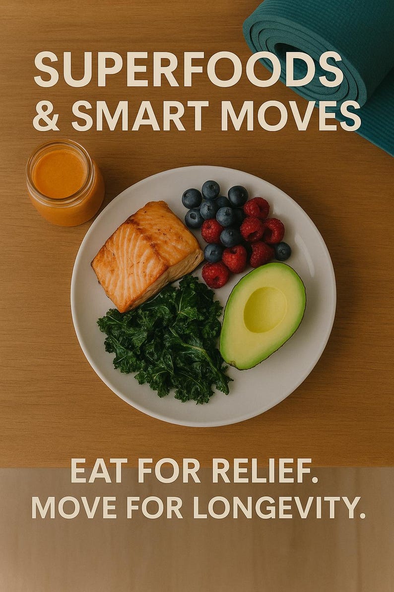 May include: A plate of food with a salmon fillet, blueberries, raspberries, avocado, and kale. A jar of orange liquid is to the left. Text reads "SUPERFOODS & SMART MOVES" and "EAT FOR RELIEF. MOVE FOR LONGEVITY."