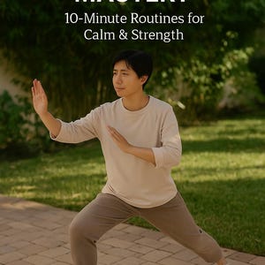Puede incluir: Una persona practicando Tai Chi al aire libre, vestida con una camisa beige de manga larga y pantalones marrones. La imagen presenta el texto "TAI CHI FLOW MASTERY" y "10-Minute Routines for Calm & Strength". La persona está en una postura baja con los brazos extendidos.