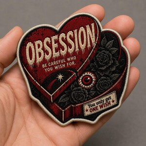 Op de afbeelding: Een hartvormige geborduurde patch met een donkerrood en zwart ontwerp. Het toont de tekst "OBSESSION", "BE CAREFUL WHO YOU WISH FOR." en "You only get ONE WISH". De afbeelding bevat een realistisch oog, zwarte rozen en een kleine ster.