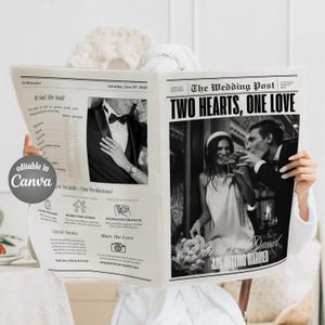 Può includere: Un annuncio di matrimonio in stile giornale con il titolo "Two Hearts, One Love". Le foto in bianco e nero mostrano una coppia in abito formale. Il testo include "Olivia & Daniel si sposano".