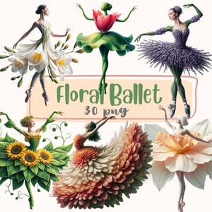 Pode incluir: Ilustração digital com seis bailarinas em trajes florais. As bailarinas são adornadas com flores como lírios, girassóis e lavanda. A imagem inclui o texto "Floral Ballet" e "30 png".
