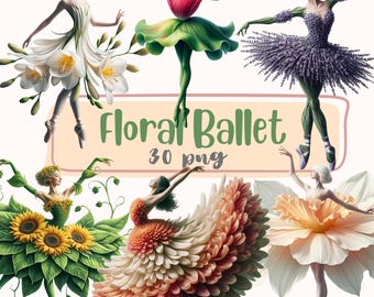 30 Floral Dancer Clipart,Botanical Ballerina Illustrations, Realistic Flower Dress Art,Romantic Ballet Clipart,For Cards Shirts Scrapbooking