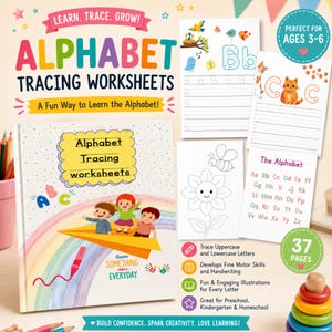 handwriting practice sheet, Alphabet Tracing A-Z, Preschool Fine Motor Skills Activity, Kindergarten Homeschool Curriculum, 37 Pages
