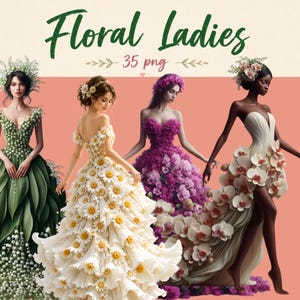 Pode incluir: Uma coleção digital intitulada Floral Ladies 35 png apresentando quatro figuras em vestidos feitos de flores. Uma usa um vestido verde de lírios do vale, uma um vestido de margaridas brancas, uma um vestido floral roxo e uma um vestido de orquídeas.