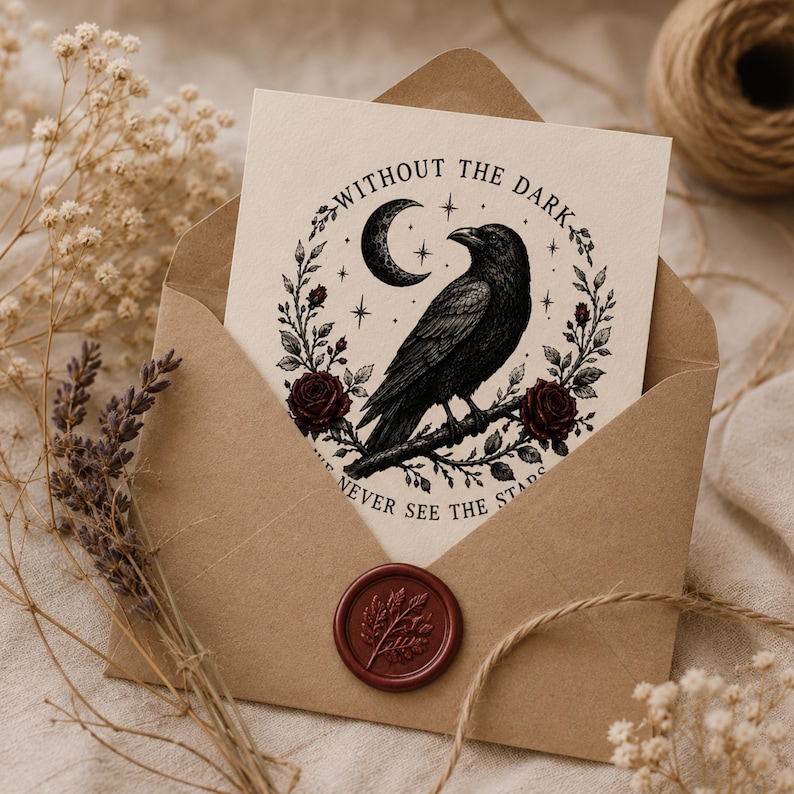 May include: A cream-colored greeting card inside a brown envelope sealed with a red wax stamp. The card features a black ink illustration of a raven perched on a branch, surrounded by a crescent moon, stars, roses, and the text WITHOUT THE DARK WE NEVER SEE THE STARS.