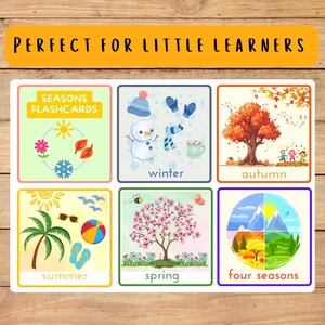 May include: A set of colorful flashcards for little learners, featuring illustrations of the four seasons: summer, winter, autumn, and spring. Each card displays seasonal elements like a snowman, a tree, and a beach scene.