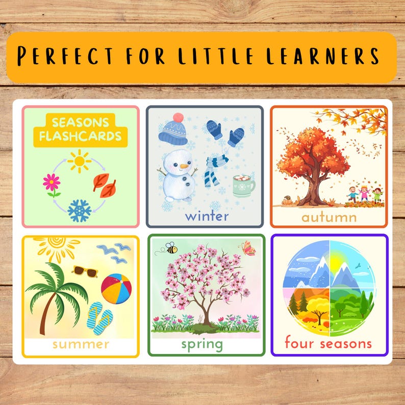 May include: A set of colorful flashcards for little learners, featuring illustrations of the four seasons: summer, winter, autumn, and spring. Each card displays seasonal elements like a snowman, a tree, and a beach scene.