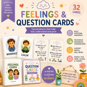 Feelings & Question Cards for Kids Printable | Emotion Flashcards | Social Emotional Learning Activities | Therapy and Calm Corner Cards