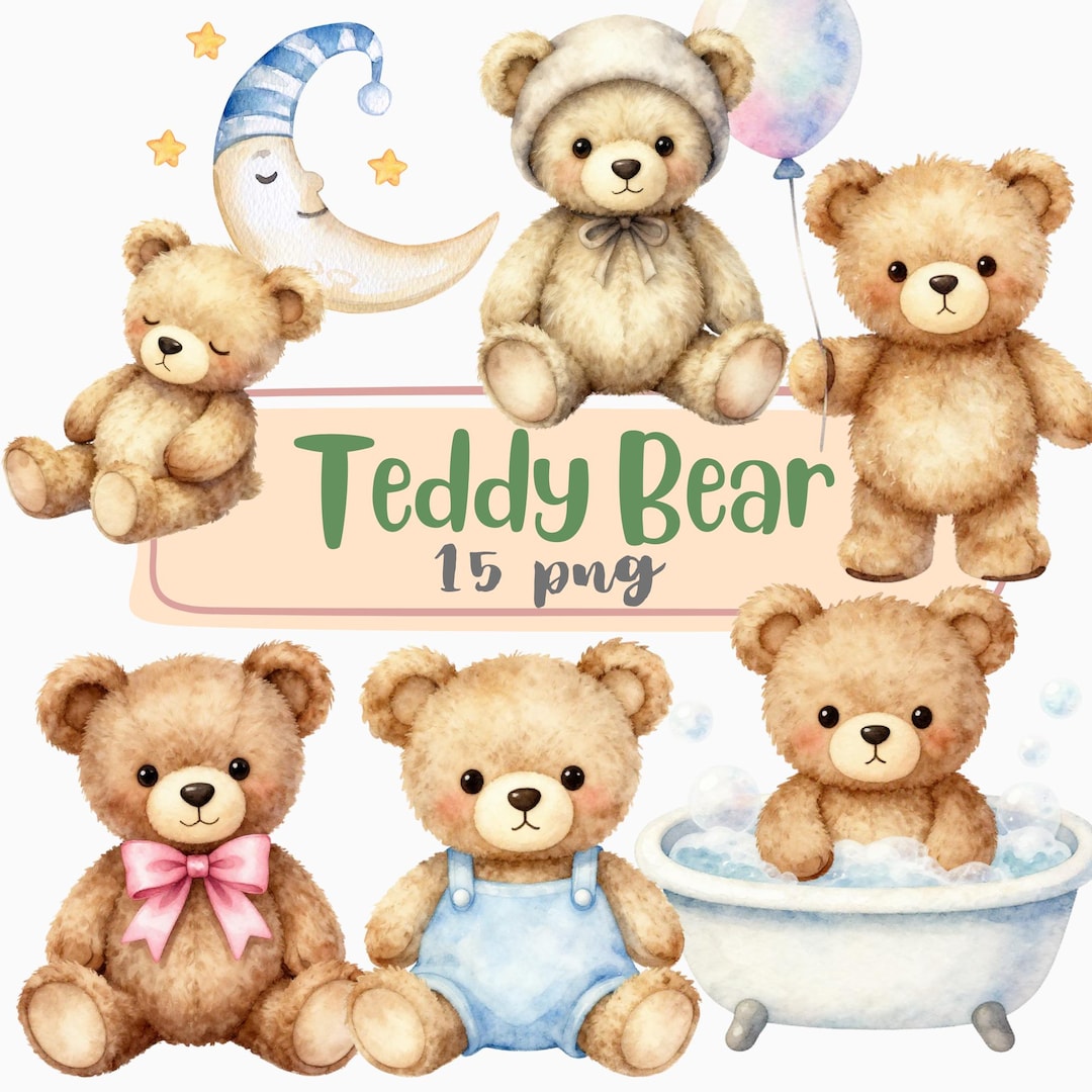 Teddy Bear Watercolor Clipart, Baby Shower, Nursery Wall Art, Digital ...