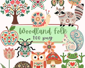 May include: A collection of colorful woodland-themed illustrations, including a tree, star, butterfly, raccoon, snail, apple, beetle, tulip, owl, mushroom, hedgehog, squirrel, and frog. The text "Woodland Folk 100 png" is also present.