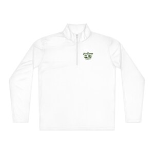 May include: White long-sleeve quarter-zip pullover with a small green logo that reads "Hot Doogy Volleyball Club". The shirt has a mock neck and a zipper that extends down the chest. The material appears to be a lightweight, athletic fabric.