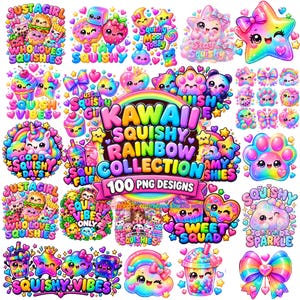 May include: A collection of 100 colorful digital stickers featuring kawaii-style characters, including rainbows, stars, cupcakes, boba tea, and animals with smiling faces. The central text reads Kawaii Squishy Rainbow Collection 100 PNG Designs.