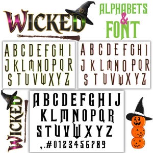 May include: A collection of Halloween-themed fonts and alphabets. The word "WICKED" is displayed in a gradient of pink, black, and green. The image includes a witch's hat, a broom, and stacked jack-o'-lanterns.