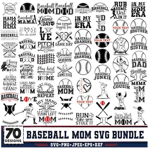 May include: A collection of 70 baseball-themed SVG designs. The designs include baseballs, bats, and phrases like "Baseball Mom," "Game Day," and "Baseball Junkie." The designs are in black and white, with some featuring hearts and other decorative elements. The text "Baseball Mom SVG Bundle" is also included.