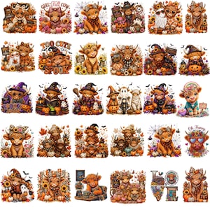 May include: A collection of thirty individual digital illustrations featuring Highland cattle in various autumn and Halloween-themed settings, including pumpkins, sunflowers, ghosts, witches' hats, and seasonal foliage, arranged in a grid format.