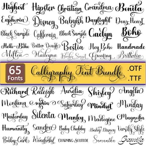 May include: A bundle of 65 calligraphy fonts in .OTF and .TTF formats. The image showcases diverse font styles, such as "Highest," "Hipster," and "Disney," offering a variety of elegant and decorative lettering options for design projects.
