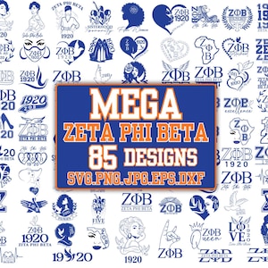 May include: A collection of 85 Zeta Phi Beta designs in blue and white, including logos, silhouettes, and text elements. The designs feature the Greek letters ZΦB, the year 1920, and various symbols. The image includes the text "MEGA ZETA PHI BETA 85 DESIGNS".