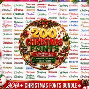Könnte beinhalten: Eine digitale Sammlung von 200 Weihnachts-Schriftarten auf weißem Hintergrund mit festlichen Dekorationen wie einem Schneemann, einer Zuckerstange, einem Lebkuchenmann und Geschenken. Die zentrale Grafik zeigt den Text 200 CHRISTMAS FONTS.
