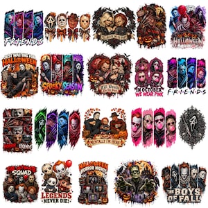 May include: A collection of digital graphic designs featuring various horror movie characters, including slasher villains and clowns, arranged in multiple scenes with text elements like FRIENDS, HALLOWEEN, SPOOKY SEASON, TILL DEATH DO US PART, and THE BOYS OF FALL.
