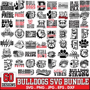 May include: A bundle of 60 bulldog-themed SVG designs in black and red. The designs feature bulldog faces, paw prints, and text like "Bulldogs Pride" and "Bulldog Nation". The image also includes the text "BULLDOGS SVG BUNDLE".