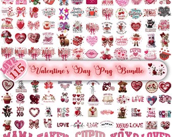 Valentine's Day PNG Bundle: Highland Cow, Bows, Hearts, Faux Yarn Crochet ,and More - Perfect for Sublimation and Digital Crafts.