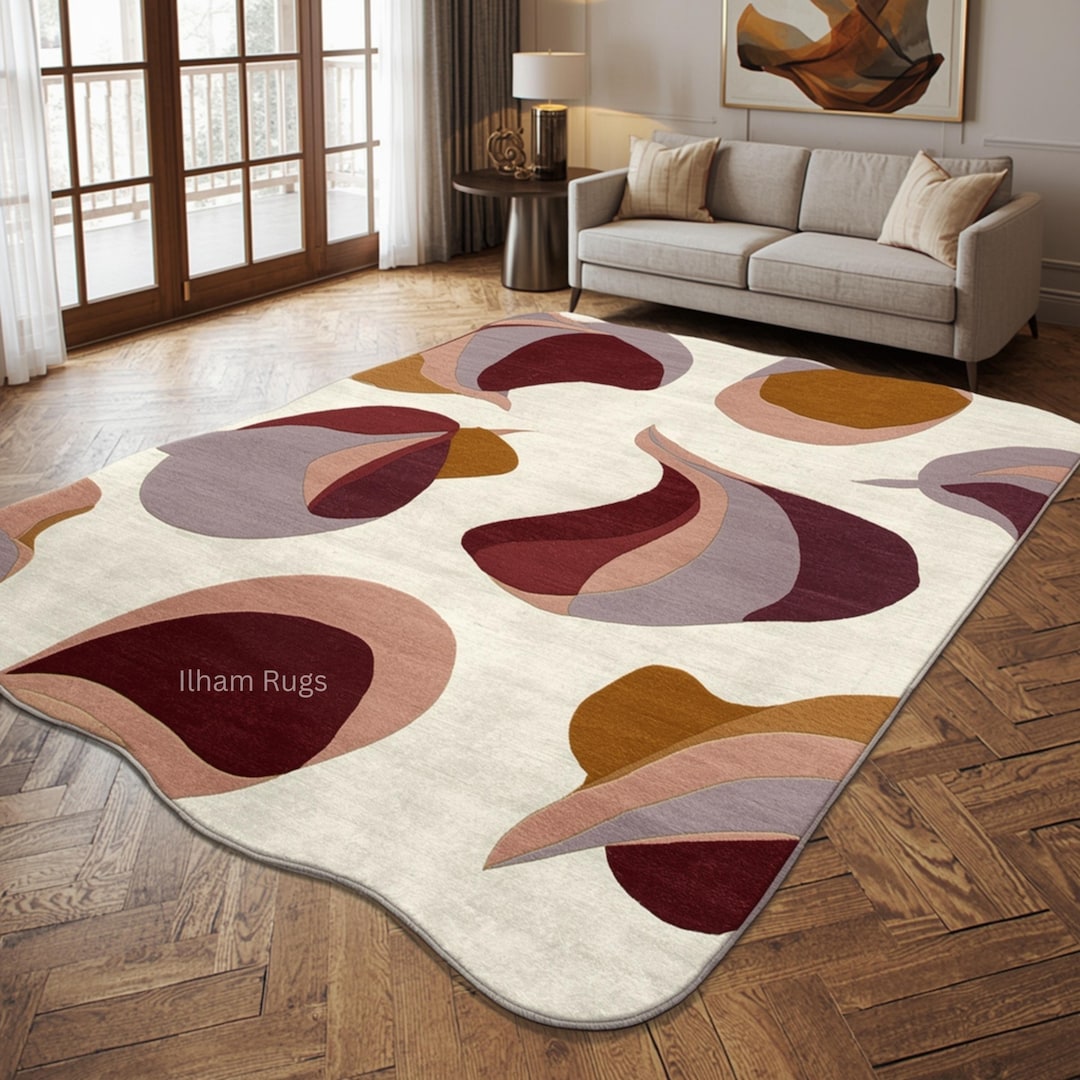 Modern Abstract Irregular Tufted Rug – Burgundy, Blush & Mustard Art ...