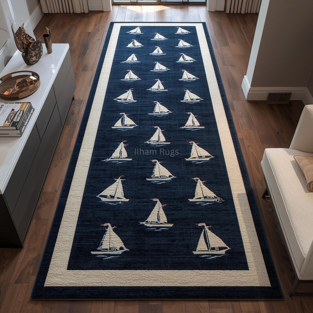 Navy Blue & White Seafaring Boat Print Runner Rug – Tufted Nautical ...