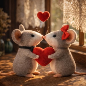 Puede incluir: Dos ratones grises de fieltro sostienen un corazón rojo, con un corazón rojo flotante encima. Un ratón lleva un collar negro, el otro un lazo rojo. Los ratones están frente a una ventana con cortinas de encaje.