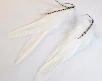 extra small white feather earrings with grizzly dangler natural feathers