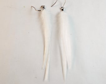 extra small thin white feather earrings dangler natural feathers