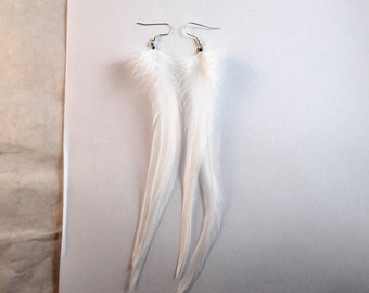 white feather earrings dangler natural feathers wedding long