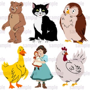 Könnte beinhalten: Eine Sammlung von Cartoon-Illustrationen mit einem braunen Bären, einer schwarz-weißen Katze, einer braun-beigen Eule, einer gelben Ente, einem Mädchen mit einer Puppe und einer weißen Henne mit rotem Kamm.