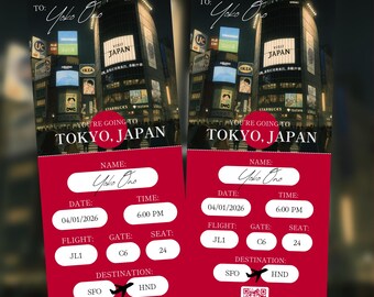 Tokyo Japan Personalized Travel Flight Ticket Custom Digital Surprise Gift Souvenir for Event Birthday Occasion Anniversary