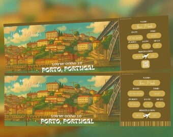 Porto Portugal Personalized Travel Flight Ticket Custom Digital Surprise Gift Souvenir for Event Birthday Occasion Anniversary
