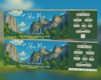 Yosemite National Park Personalized Travel Flight Ticket Custom Digital Surprise Gift Souvenir for Event Birthday Occasion Anniversary