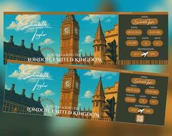 London United Kingdom England Personalized Travel Flight Ticket Custom Digital Surprise Gift Souvenir Event Birthday Occasion Anniversary