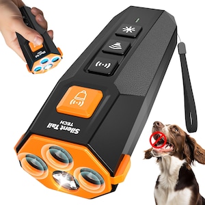 May include: Black and orange dog training device with the text "Silent Tail TECH". The device has multiple buttons and a flashlight feature. A dog is shown with a red circle and line over its mouth.