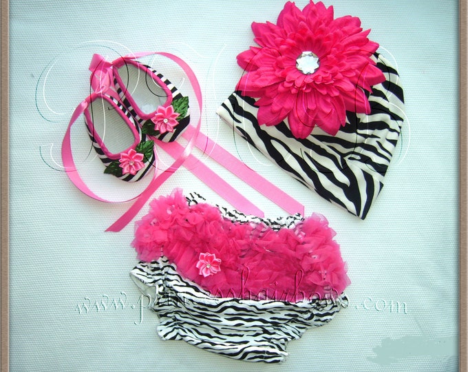 Baby Zebra/hot Pink Ballerina Crib Shoes, Bloomer and Beanie Hat Set 0