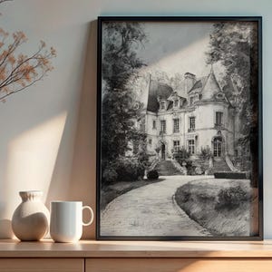 Vintage French Architecture Drawing Print, Botanical Sketch Digital Download, Cottagecore Line Art Poster for Elegant Modern Home Decor