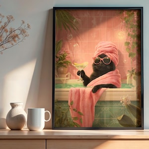 Lustige schwarze Katze Badezimmer Wandkunst, humorvolles Katzen Poster für Badezimmer Dekor, süße Katze Drucke für Toilette, Tier Liebhaber Geschenk für Katzenbesitzer