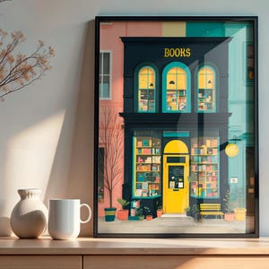 Colorful Bookstore Wall Art Print, Cozy City Bookshop Illustration Digital Download, Charming Home Library Decor, Book Lover Gift