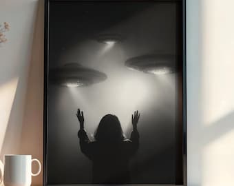 UFO Encounter Wall Art | Dark Sci-Fi Poster | Alien Spaceship Print | Surreal Night Scene Artwork | Extraterrestrial Digital Download