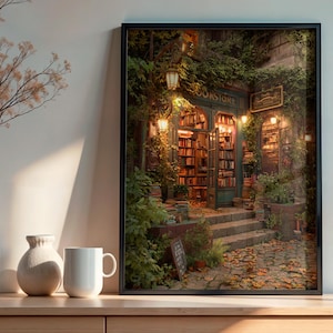 Vintage Aesthetic Bookshop Wall Art Print | Cozy Library Poster for Book Lovers | Dark Academia Art Decor, Literary Cottagecore Illustration