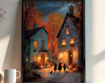 May include: A framed Halloween-themed print depicts two illuminated houses with jack-o'-lanterns and figures in witch costumes. The artwork is set against a backdrop of autumn foliage. A white vase with branches, a small vase, and a mug sit on a wooden surface.