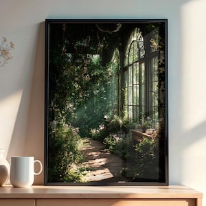 Printable wall art featuring a mystical greenhouse interior with deep green tones and vintage floral elements, perfect for a dark cottagecore or botanical witch aesthetic in any cozy living space. Ideal for instant download and home decor.